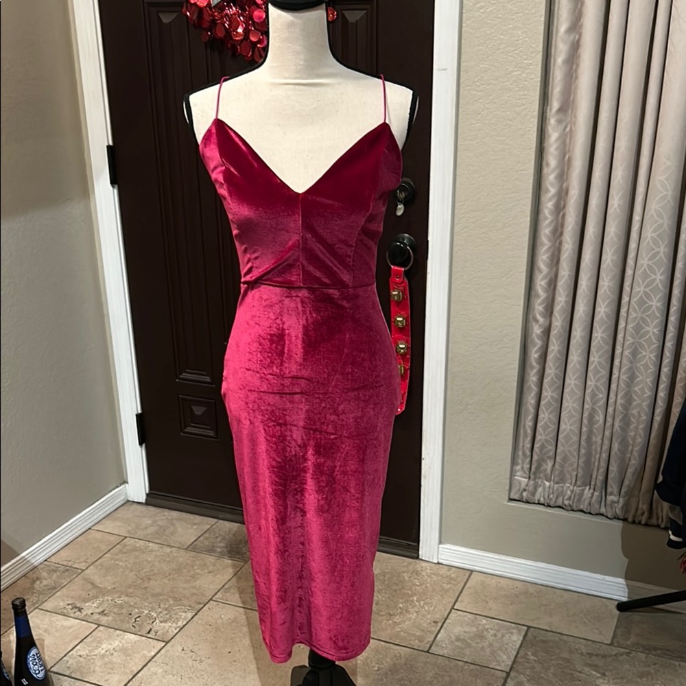 Deep Fuchsia Pink Calf Length Velvet Criss Cross Open Back Dress